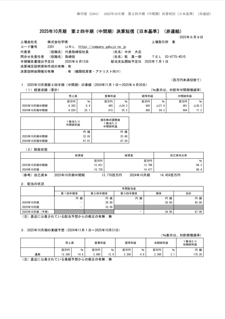 学情 直近決算 2025年6月9日